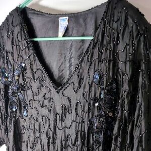 Gunit | Silk Vintage Black Beaded Sequin Tee Shirt Top Whimsigoth Size L